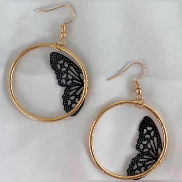 “Black Fairy Wing” Delicate Feminine Perforated Lace Half Butterfly Gold Hoops - Picture 3 of 9